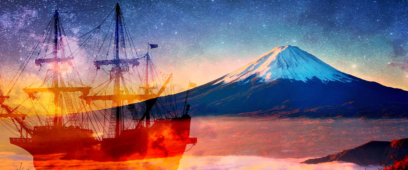 日本を象徴する富士山と未来へと向かう船のイメージ